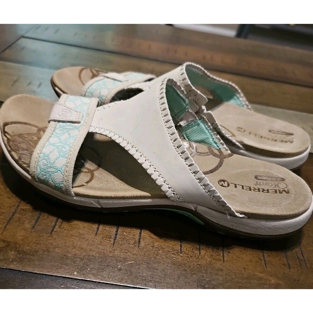 Merrell QForm Air Cushion Womens Sandals Size 8 Ivory Teal Slip On Slides J57536